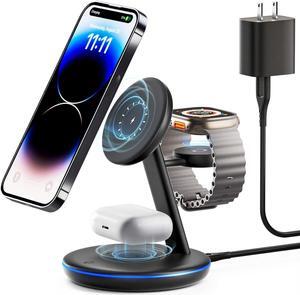 3 in 1 Charging Station for Apple Devices, Mag - Safe Charger Stand,15W Fast Magnetic Charger Wireless Compatible for iPhone 15 14 13 12 Pro/Max/Plus/Mini,AirPods Pro/3/2,iWatch 9/8/7/6/SE/5/4/3/2