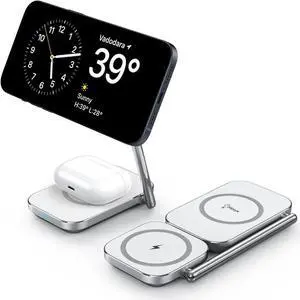 2-in-1 Magsafe Charger Stand, Zinc Alloy Foldable Magnetic Wireless Charger, 20W Portable Fast Wireless Charging Station for iPhone 15/14/13/12 Series, AirPods 3/Pro/2