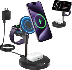 3 in 1 Wireless Charging Station for Multiple Devices Apple, Aeinidi 15W Fast Mag-Safe, Magnetic Charger Stand for iPhone 15 14 13 12 Pro Max/Plus/Pro/Mini, Apple Watch, AirPods Pro 3 2, Black