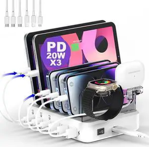 USB C Charging Station - 81W 6 Port Charger Station with 20W*3 PD USB C Fast Port, 6 Short Cables, Charging Dock Designed for Apple iPhone iPad Android (No Watch Charger)