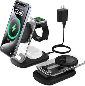 3 in 1 Magnetic Wireless Charging Station for Apple Devices, Fast Foldable Travel Mag-Safe Charger Stand with Night Light for iPhone 15 14 13 12 Series, Apple Watch/AirPods Pro 3 in 1 Magnetic Wireless Charging Station for Apple Devices, Fast Foldable Travel Mag-Safe Charger Stand with Night Light for iPhone 15 14 13 12 Series, Apple Watch/AirPods Pro