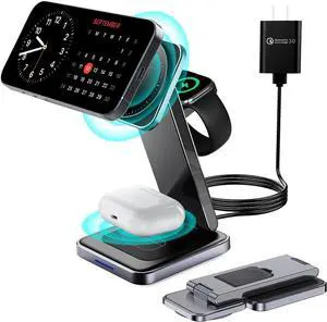 3 in 1 Magnetic Wireless Charger,Foldable Mag-Safe Wireless Charging Station for Apple Watch Series 9/Ultra 2/8/7/SE/SE2,Apple 15 Pro Max/15/14/13,Air-Pods 3/Pro/2 Mag Safe Charger Stand Dock(Black)
