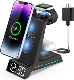 Wireless Charging Station - 4 in 1 Wireless Charger with Alarm Clock, Charging Stand Dock for iPhone 15/14/13/12/11/Pro/Max/XR/XS/X/ Phone, for AirPods Pro/3/2, Apple Watch 9/8/7/6/5/SE/4/3/2