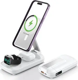 5 in 1 Wireless Charging Station with 10000mAh Power Bank Digital Display Automatic Magnetic 20W Fast Charger Station Stand Compatible with iPhone 15/14/13/12 All Series & AirPods & iWatch
