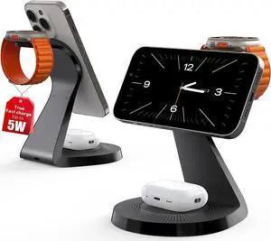 3 in 1 Charging Station for Apple Devices,Mag-Safe Charger Stand Fast Charging, Wireless Charger for iPhone 15/14/13/12 Series, & AirPods, & iWatch (30W USB-C Charger Included)