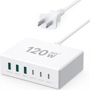 USB C Charger 120W GaNMultiple USB Charger3USB-C + 3USB-A PD Charger, 6 Port USB C Charging Station Compatible with iPhone//Google/Tablet/Mobile Power and Other USB Devices (White)