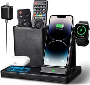 KINGFOM Wireless Charging Station, PU Leather 4 in 1 Use Wireless Charger Stand for iPhone 15 14 13 12 11Pro Max XR XS 8 Plus, for Apple Watch & AirPods with Desk Organizer Black (Black)