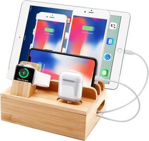 Sendowtek Bamboo Charging Station for Multiple Devices 6 in 1 USB A/C Charger Station Compatible with Apple Product Phone Wooden Charging Organizer Stand with Power Supply for Family Office