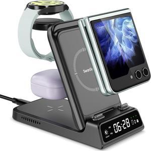 Charging Station for  Z Flip, 3 in 1 Wireless Charger for  Galaxy Z Flip 5/Z Flip 4/Z Flip 3, Galaxy Watch 6/6 Classic/5/5 Pro, Galaxy Buds 2 Pro/Buds 2 (Foldable, with Clock)