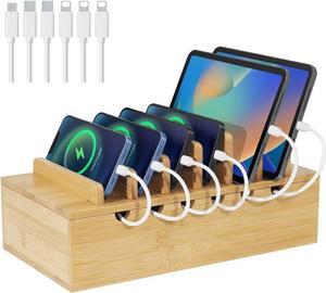 Bamboo Charging Station for Multiple Devices, Upgrade Desk Docking Stations Organizer for Apple Devices, Wood Charging Cell Phone Holder Stand (Includes 6 Cables) (NO Power Supply)