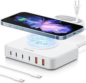 100W USB Charging Station with 15W Wireless Charger, Marnana 6-in-1 Multiple USB Ports(2 USB A and 4 USB C Ports) GaN Desktop Charger for iPhone iPad MacBook Laptop Samsung and Android Devices