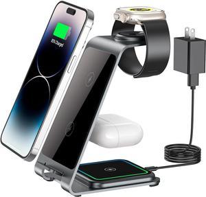 Wireless Charging Station RR SPORTS Fast 3 in 1 Wireless Charger Aluminum Alloy Charger Stand for iPhone 1514131211 Pro MaxXXs MaxiWatch Ultra9876SE5432AirPods Pro 2Pro32Grey