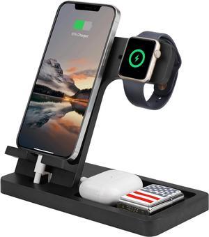 3 in 1 Charging Station, Wood Charger Stand for iPhone, iPad, Apple Watch, AirPods, Wood Phone Docking Station, Phone Charging Station Organizer, Charging Stand, Dad Gifts for Men (Black)