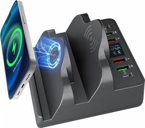 Charger Station Wireless Charger Phone with QC/PD Ports 8 in 1 Fast Charging Pad Wireless Phone Charger for iWatch/Airpods//Android/iPhone 14 13 12 for Travel Essentials