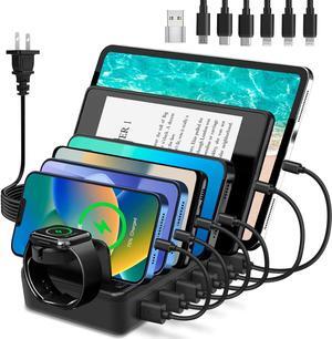 Charging Station for Multiple Devices, 50W 6-Ports USB Charging Station with10-Slot, Detachable Dividers, Watch Holder, Compatible with Phone/iPad/Kindle/Tablet (6 Cables Included), Black