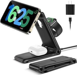 Foldable 3 in 1 Charging Station for Apple Devices - Magnetic Wireless Charging Station - Phone and Watch Charger Stand for iPhone 15/14/13/12/11 Pro Max/XR/ 8 Plus and Airpods iWatch (Mag-Safe)