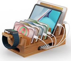 Bamboo Charging Station Organizer for Multiple Devices & Wood Desktop Docking Charging Stand Such As Cell Phone, Tablets, Phone Case and Watch Stand - Pezin & Hulin(No USB Charger)
