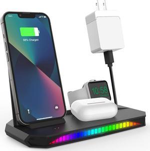 Wireless Charger, 3 in 1 Wireless Charging Station, RGB Fast Charging Stand for iPhone 15/14/13/12/Pro/Plus/Pro Max, Charging Dock for Apple Watch 7/6/5/4, for AirPods Pro/3/2(QC3.0 Adapter Included)