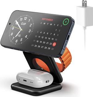 Foldable Magnetic Charger, Aluminum Alloy 3 in 1 Charging Station for Apple, Fast Wireless Charger for iPhone 15 14 13 12 Pro/Max/Plus, AirPods 3/2/Pro, 5W for iWatch,with 20W Adapter-Black