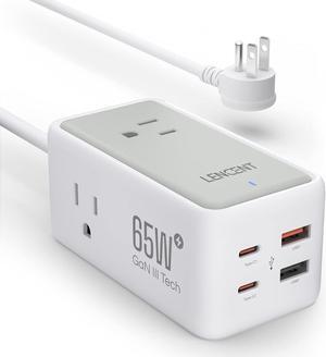LENCENT USB C Charger GaN III 65W USB C Charging Station,Multi outlet extenderFast Charging USB & Type C, extension 5.0 ft cord3 AC Outlets+2 USB C(PD 65W Max) + 2 USBfor Home,Office,Travel(White)