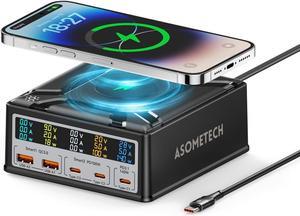 USB Charging Station,ASOMETECH 260W 5Ports Fast USB C Charging Station,140W PD3.1 USB C GaN Charger with LCD Display,Wireless Charger,Desktop USB Charging Hub for MacBook Pro/Air,iPad,iPhone,