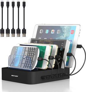 USB Charging Station for Multiple Devices, MSTJRY Dock Switch Cell Phone 5 Port Charging Station, Designed for iPhone iPad Cell Phone Tablets (Black, 6 Short Cables Included)