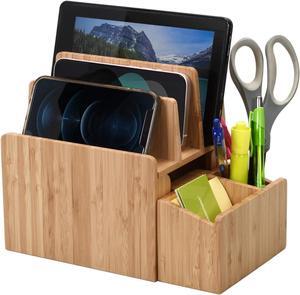 MobileVision Bamboo Charging Station with Extension Compartment for Smartphones, Tablets, & Laptops Charging Dock Plus Stationary Item Holder
