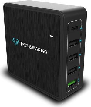 Techsmarter 60W Five Port Desktop Charging Station with 60W USB-C PD Port, 18W USB-A Port and 3 12W USB-A Ports. Compatible with iPhones, Galaxies, Androids, iPads, MacBook AirPro, Chromebook & More