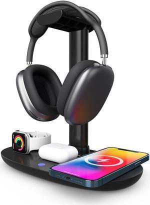 4 in 1 Headphone Stand with 15w Wireless Charger, Qi Charging Station Headset Holder, Detachable Design, Headphone Stand for Travel, Home, Hotel