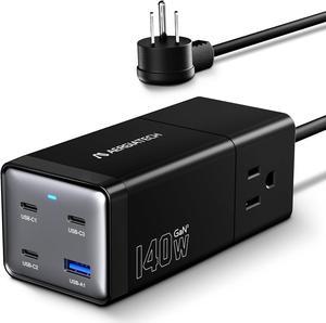 USB C Charging Station 140W, Aergiatech 6-in-1 Travel Power Strip with AC USB-C USB-A, GaN PD 3.1 Fast Charging for MacBook Laptop iPhone Galaxy, 5ft Extension Cord