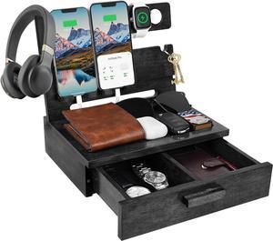 Dad Gifts for Fathers Day from Daughter Son, Wood Phone Docking Station with Drawer Nightstand Organizer for Men Papa, Gifts for Husband Anniversary Birthday from Wife, Cool Xmas Gadget for Him
