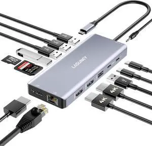 LASUNEY USB C Laptop Docking Station Dual Monitor, 14 in 1 USB C Hub Multiport Adapter Dongle with 2 HDMI, DisplayPort, RJ45, SD/TF, USB C/A Ports, PD, Mic/Audio, Compatible for MacBook  HP Lenovo