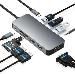 Docking Station Dual Monitor, USB C to Dual HDMI Adapter, USB C Docking Station Dual Monitor, Dual Monitor Adapter, USB C Hub 10 in 1 Docking Station 3 Monitors with HDMI/VGA/PD/USB/SD/TF/3.5mm Audio