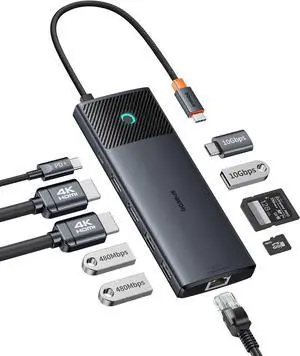 Baseus Docking Station Dual Monitor,10Gbps 10 in 1 Docking Station with 2 HDMI Single 4K@120Hz, Dual 4K@ 60Hz,10Gbps USB C and USB A, Gigabit Ethernet, PD 100W, SD/TF for iPhone 15/Mac//HP/Lenovo