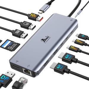 Laptop Docking Station 13 in 1 - Dual HDMI+DisplayPort+10Gbps 6 USB C/A 100W PD Ethernet SD/TF Audio USB C Hub for MacBook//HP/Surface