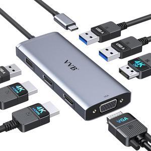 USB C to Dual HDMI Adapter,USB C Docking Station Dual Monitor Adapter for /HP/Lenovo Laptop,iPhone 15,USB C Hub Dongle Multi Monitors Adapter with 2 HDMI Ports+Displayport DP Port+VGA+3 USB