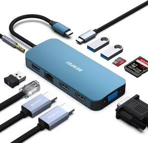 BENFEI 11-in-1 USB C MST Laptop Docking Station with Silicone Woven Design Cable, USB-C HUB with USB-C to 2*HDMI/1*VGA, to 3*USB 3.0/SD/TF Card Reader/Ethernet/100W Power Delivery/3.5mm Aux Audio