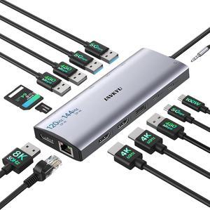 Monitor Docking Station, 14-in-1 USB C Hub with DP 8K@30Hz/4K@144Hz, Dual HDMI 4K@60Hz, 100W PD, 7 USB Ports, SD/TF Card Reader, Gigabit Ethernet for MacBook & Windows Laptop
