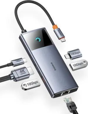 Baseus USB C Hub, 10Gbps USB C Docking Station with 3 USB A/C Data Ports, 4K@60Hz HDMI, Gigabit Ethernet, 100W PD, 6 in 1 USB C Dock Compatible for iPhone 15//HP/Mac/iPad/Microsoft/Steam Deck