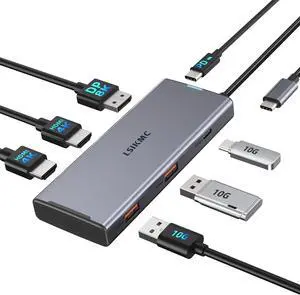 Docking Station 3 Monitors, 7 in 1 USB-C Docking Station with Dual HDMI 4K@60Hz & Single DisplayPort (8K@30Hz/ 4K@144Hz), 100W PD, 10Gbps 3X USB, USB C Hub Compatible with /HP/Lenovo and More