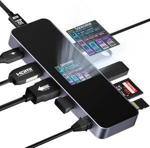 DOCKCASE Visual Smart USB C Hub (10-in-1) with 4K@60Hz HDMI and DP, Gigabit Ethernet, 1 USB-C and 3 USB-A Ports, 100w PD Power Delivery, UHS-II TF/SD Card Slot for MacBook Air/Pro, XPS, and More