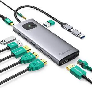 LK10 USB3.0 DisplayLink Docking Station Dual 4K 60Hz for M1/M2/M3 MacBook Air/Pro, Portable DisplayLink Adapter with 3xUSB3.2 Port, 2xHDMI, 2xDP, PD100W, 1Gbps Ethernet, Audio, Gray