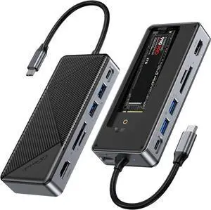 GM28P Portable M.2 NVMe SATA SSD Enclosure Docking Station - 10Gbps Multi Ports Hub, USB-C PD100W, HDMI 4K 60Hz, SD Card Readers, M.2 Dock for Laptop/Mac, Black