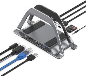 MacBook Docking Station, USB C Docking Station with Vertical Stand Compatible with MacBook Pro and Air, with 4K HDMI, 3 USB, SD/TF, PD3.0, RJ45 Ethernet, 3.5mm Audio, for HP//Lenovo laptops