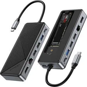 GM28PR M.2 NVMe SATA SSD Enclosure Docking Station - 10Gbps Multi Ports Hub, PD100W, USB-C 10Gbps, HDMI 4K 60Hz, Gigabit Ethernet, M.2 Dock for Laptop/Mac, Black