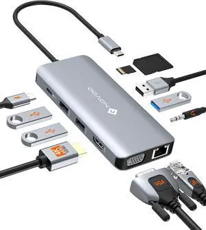NOVOO USB C Hub, 11-in-1 Docking Station USB C Adapter with 4K USB C to HDMI, VGA, Gigabit Ethernet, 100W PD, 3 USB-A 5 Gbps, MicroSD/SD Card Reader, USB C Dock for Most Type-C Devices