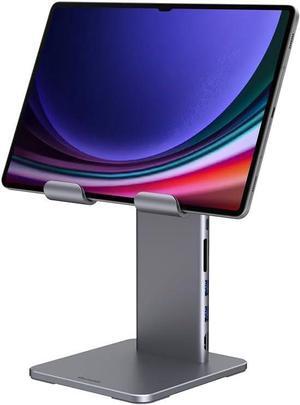 Qwiizlab Stand Holder for Desk with USB C Hub for 7 to 13.3 Inches Tablets, Adjustable 80°Tilt, Card Readers, 4K@60Hz HDMI, 5Gbps USB, 60W PD, 3.5mm Audio (Space Gray)