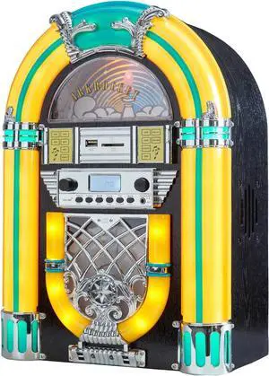 Arkrocket Athena Mini Jukebox/Tabletop CD Player/Bluetooth Speaker/Radio/USB and SD Card Player with Retro LED Lighting System (Yellow Green)