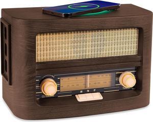 Fuse Vint Vintage Wood Retro Radio | Wireless Charging Pad | AM/FM Radio Speaker with Bluetooth & AUX Input | Mid Century Modern Style | Real Handcrafted Ashtree Wood Exterior