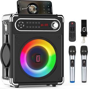 Bluetooth Speaker with Two Wireless Microphones, Outdoor Speaker with Subwoofer/Tweeter, Portable PA Speaker System with Remote Control, Discol Lights, FM, REC for Home, Party